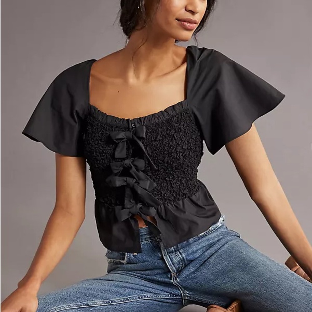 Anthropologie Black Smocked Blouse